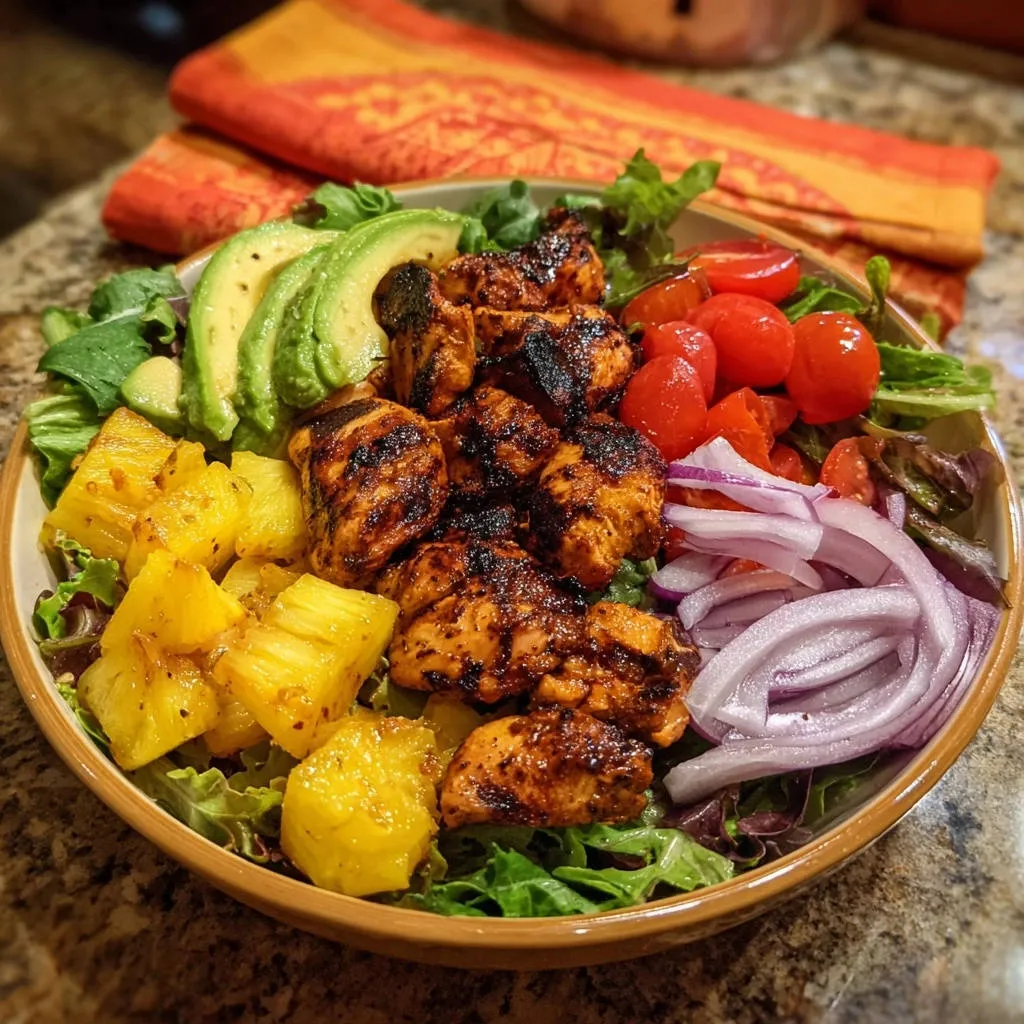 Tropical grilled chicken salad close-up in a bowl, featuring grilled chicken, pineapple, avocado, and tomatoes.