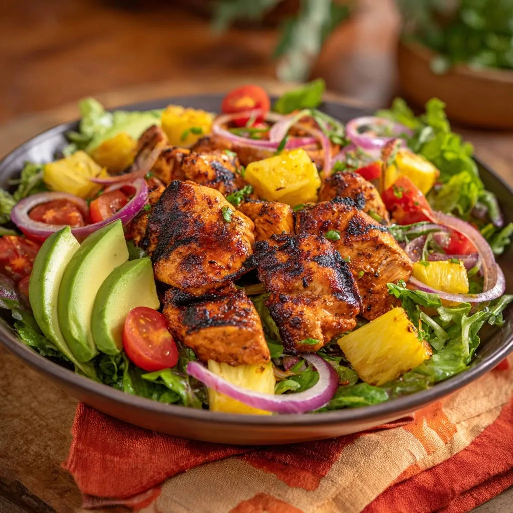 Tropical grilled chicken salad featuring tender grilled chicken, pineapple, avocado, and red onion in an overhead view.