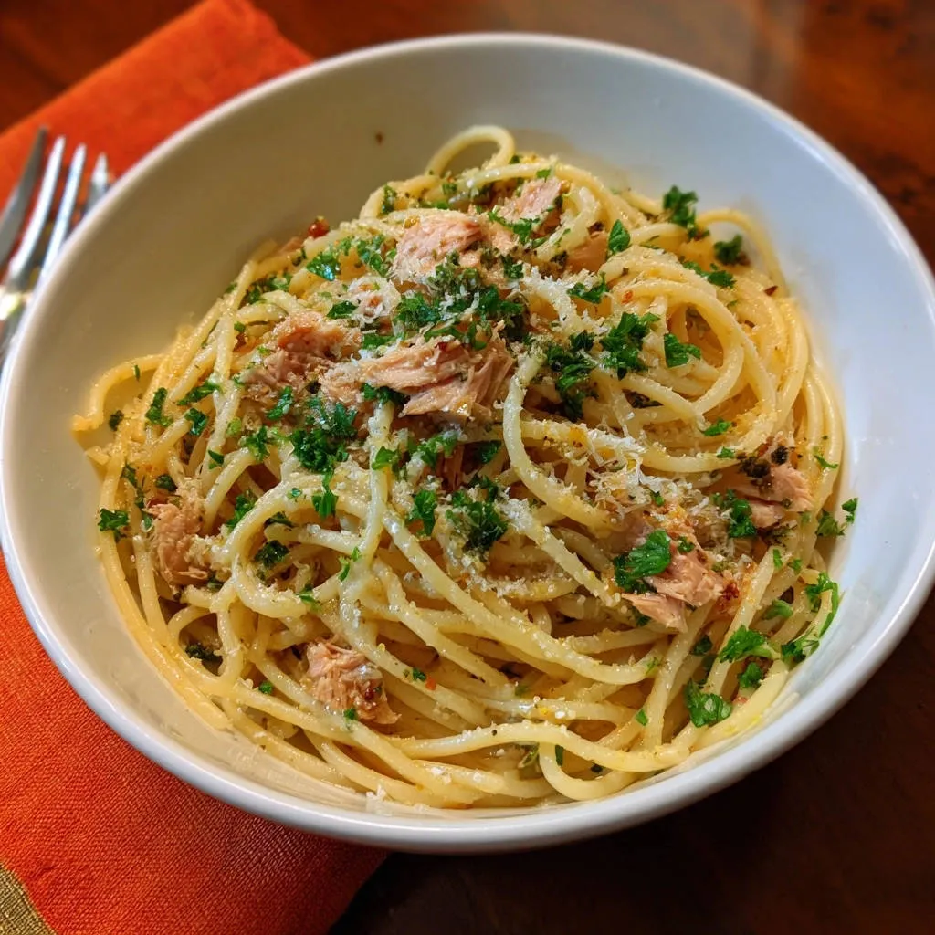 Quick Tuna Spaghetti with a silky sauce clinging to the pasta, topped with fresh parsley and grated cheese.