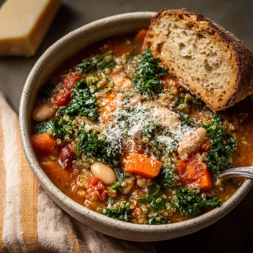 Hearty Tuscan White Bean & Kale Soup served in a bowl, topped with grated cheese and a slice of crusty bread.