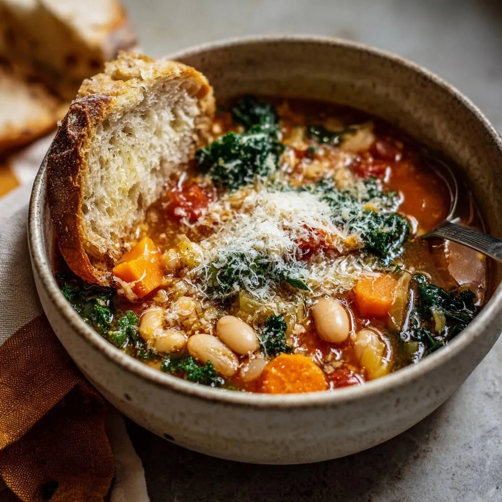 Hearty Tuscan white bean & kale soup served in a bowl, topped with grated cheese and a slice of crusty bread.