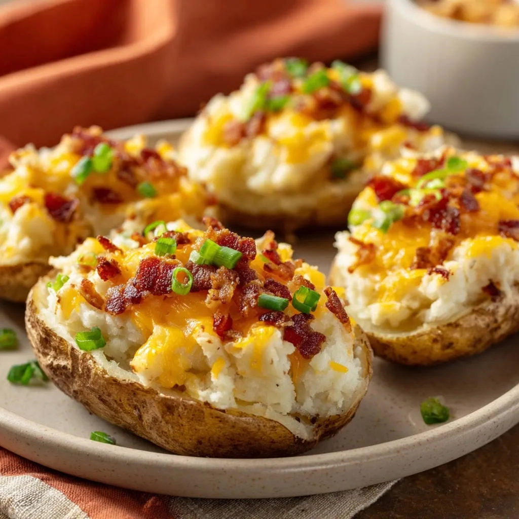 Twice-baked potatoes generously topped with melted cheese, crumbled bacon, and fresh green onions.
