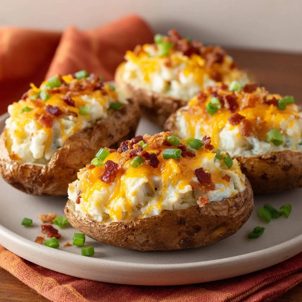 Perfect twice-baked potatoes plated and topped with cheese, bacon, and chives in a close-up view.