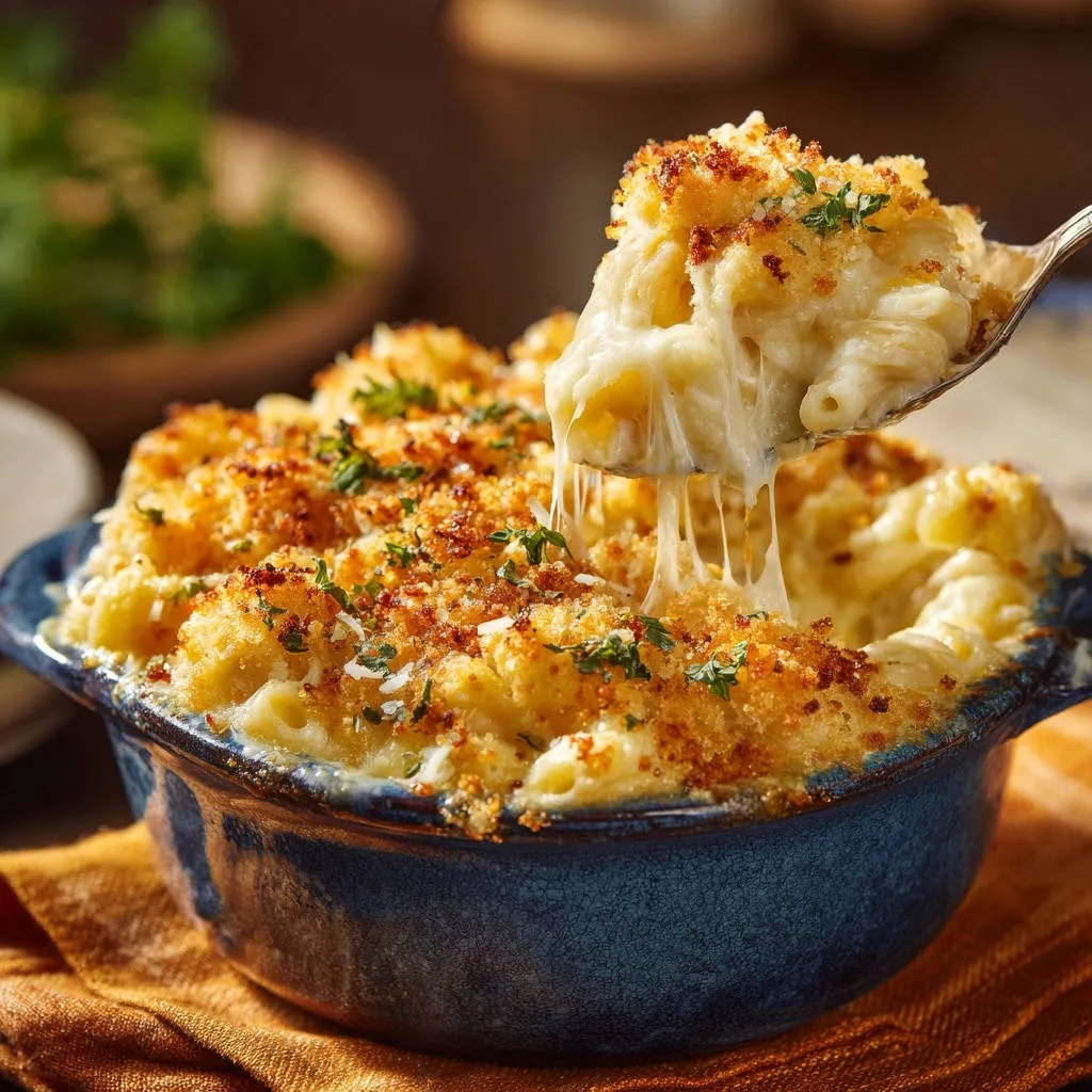 Ultimate baked mac and cheese with a spoonful lifting to show the gooey, cheesy pull.