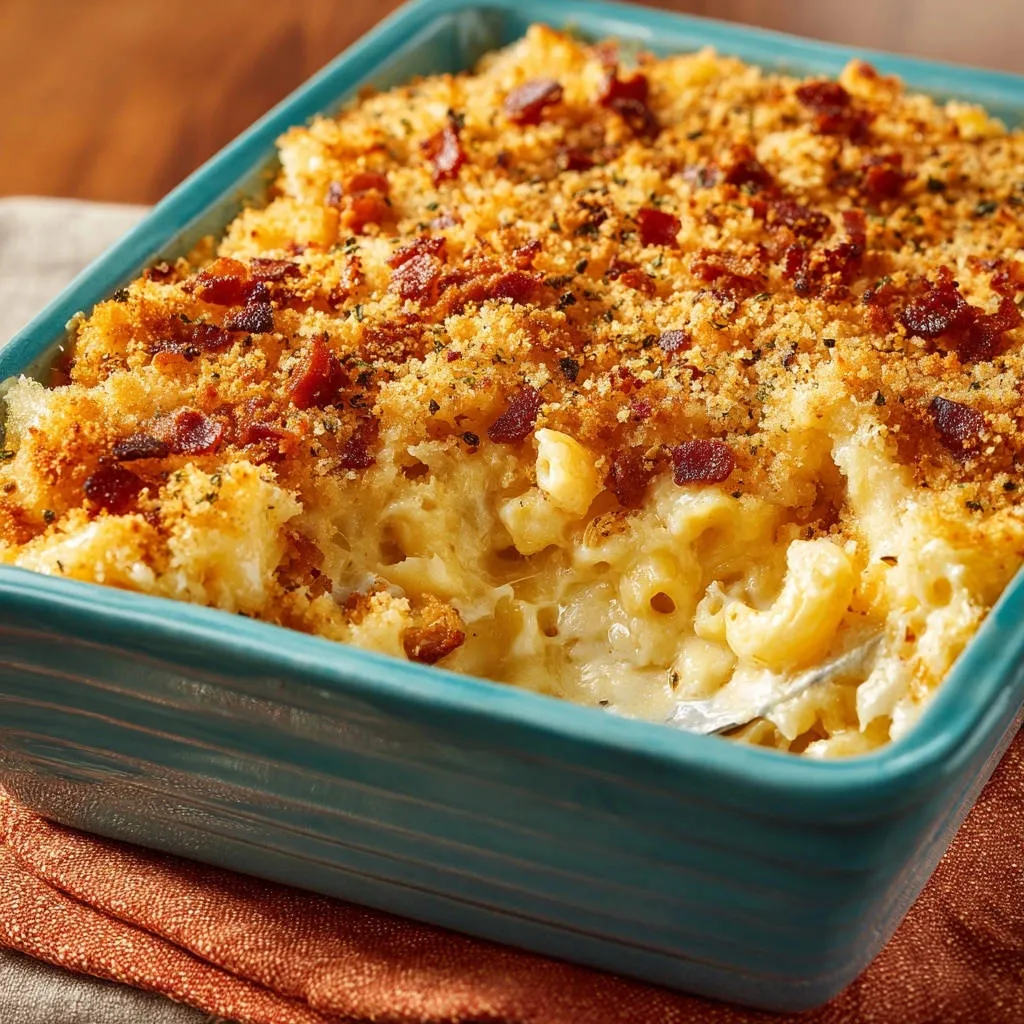Ultimate baked mac and cheese with a close-up view showing its creamy interior and golden breadcrumb topping.