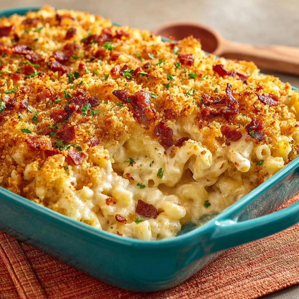 Ultimate baked mac and cheese with a golden breadcrumb and bacon topping, shown in a close-up view.