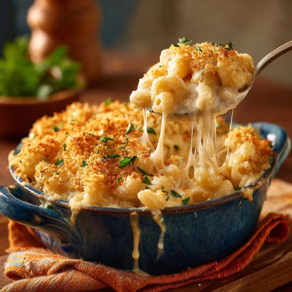 Ultimate baked mac and cheese with a gooey cheese pull captured on a spoon, showcasing its creamy texture.
