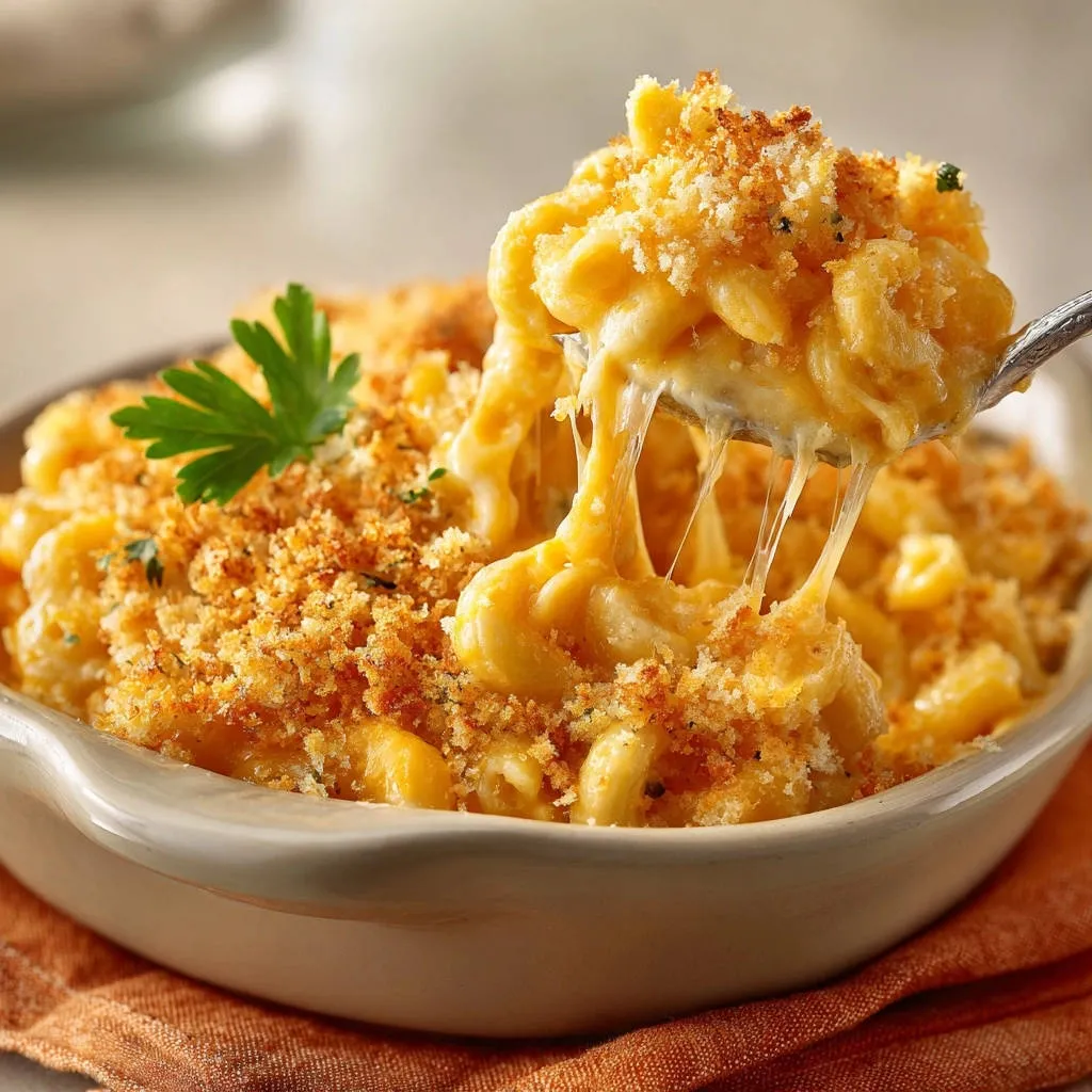 Ultimate baked mac & cheese with a close-up of the gooey cheese pull and crispy breadcrumb topping.