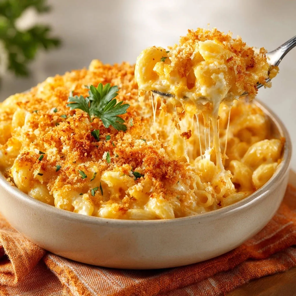 Ultimate Baked Mac & Cheese with a gooey cheese pull and crispy breadcrumb topping, served in a bowl.