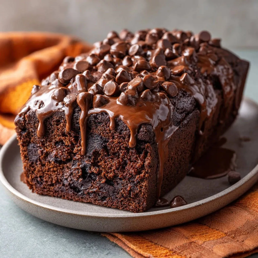 Ultimate Chocolate Loaf Cake generously topped with chocolate chips and a rich chocolate drizzle.