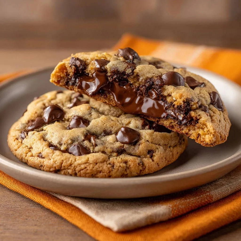 Ultimate gooey chocolate chip cookies showing a molten chocolate cross-section with gooey melted chocolate.