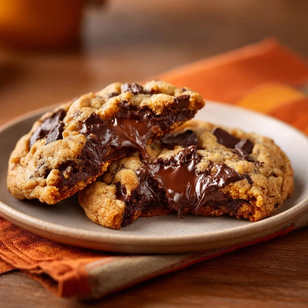 Ultimate gooey chocolate chip cookies shown in a molten cross-section with rich melted chocolate oozing out.