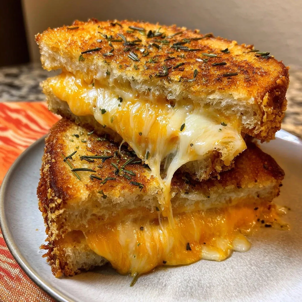 Ultimate gooey grilled cheese showing a close-up of the melted cheese dripping from the sandwich.