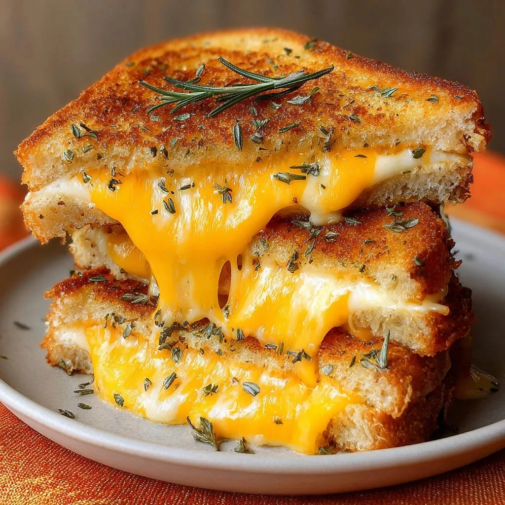 Ultimate gooey grilled cheese sandwich stacked and sliced to reveal a cross-section of melted cheese.