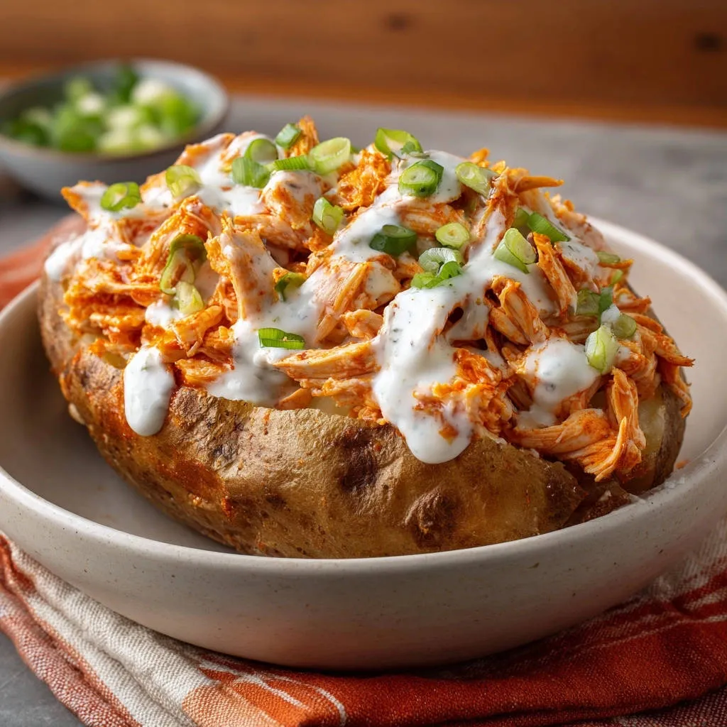 Ultimate loaded baked potato topped with shredded buffalo chicken and ranch dressing, garnished with green onions.