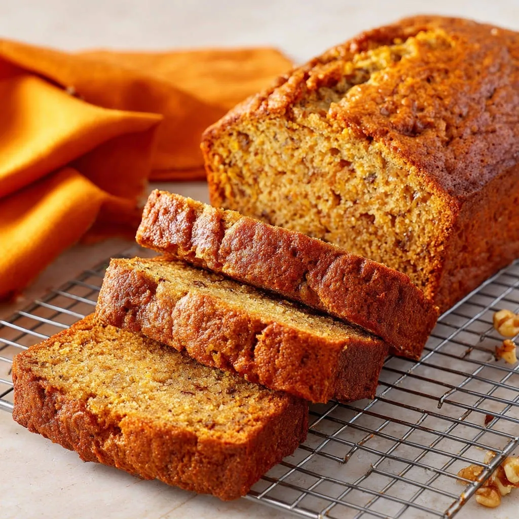 Homemade walnut quick bread, sliced and cooling on a wire rack with walnuts scattered nearby.