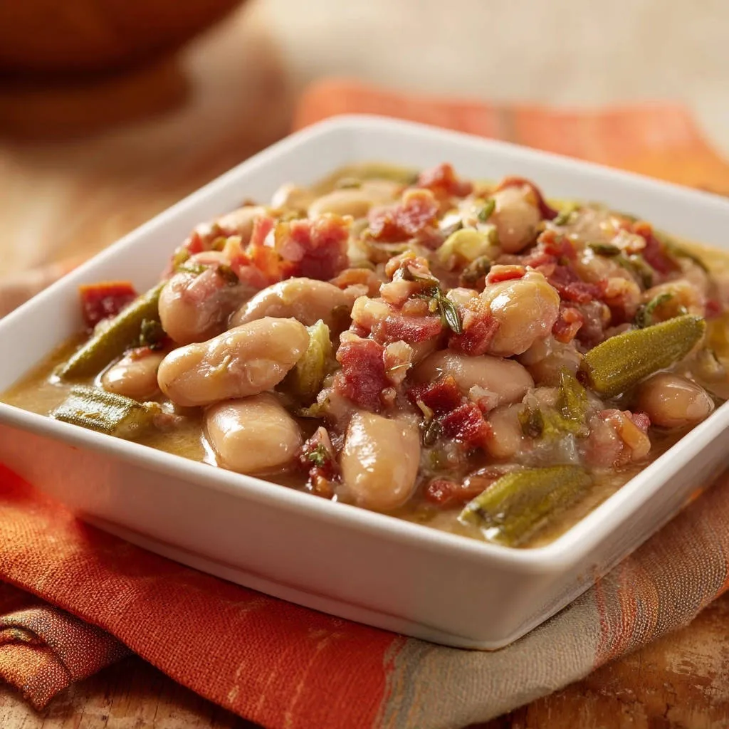 Hearty white bean and smoked meat stew with okra served in a white bowl, showcasing tender beans and savory broth.