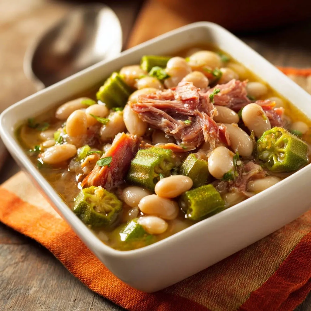 Hearty white bean and smoked meat stew with okra in a white bowl, close-up view.