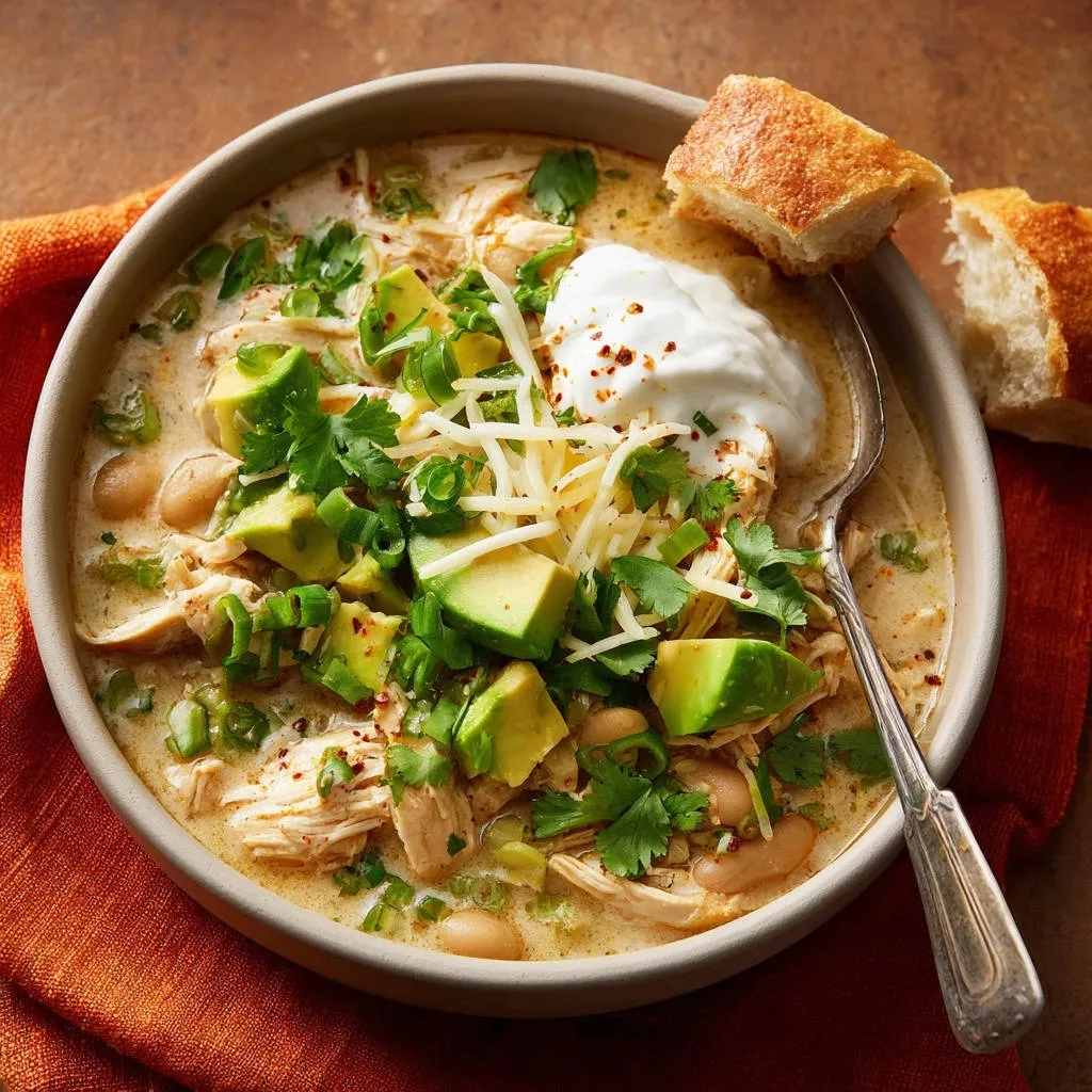 White chicken chili in a bowl, generously garnished with avocado, cilantro, cheese, and a dollop of sour cream.