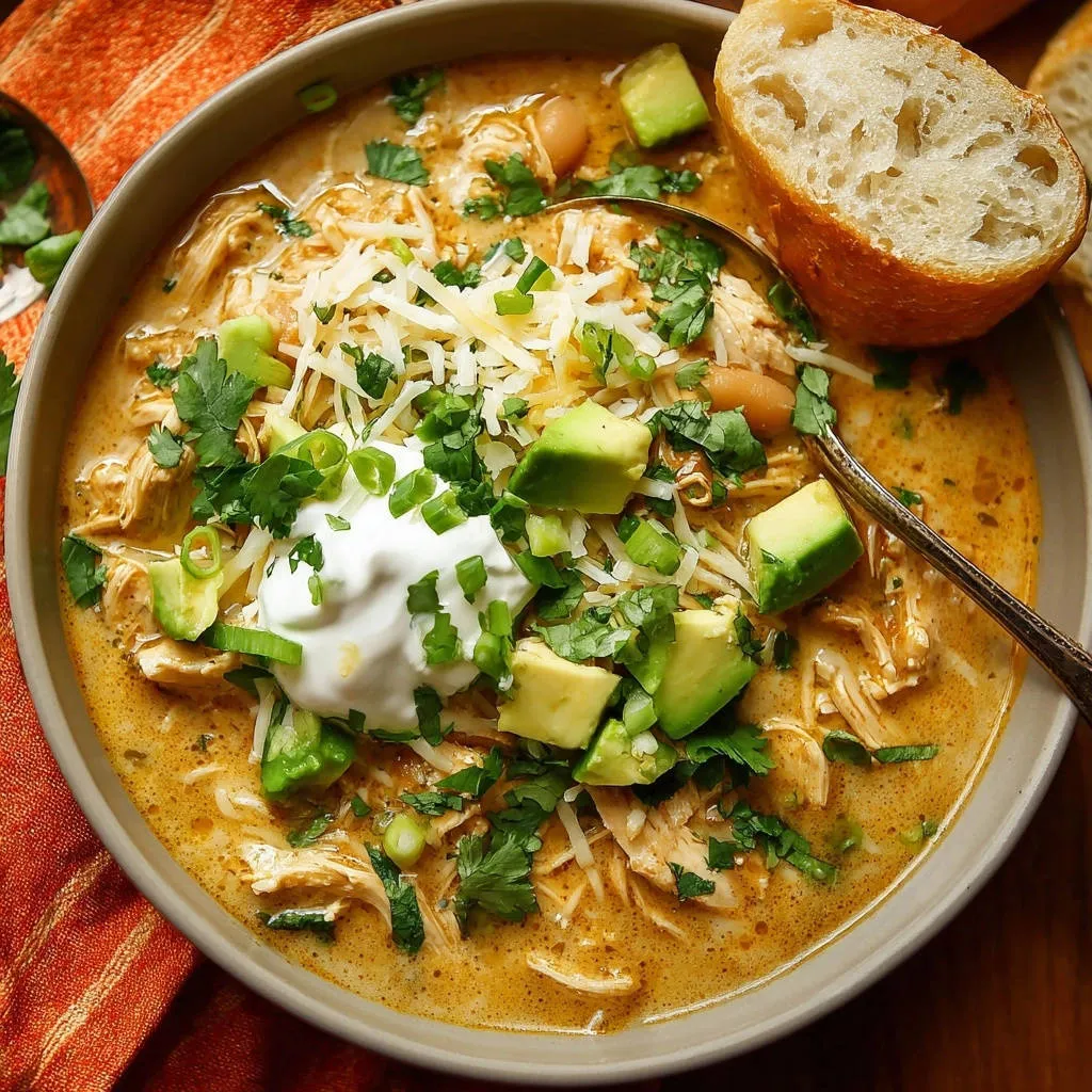 White chicken chili served in a bowl, generously garnished with avocado, sour cream, cheese, and cilantro.