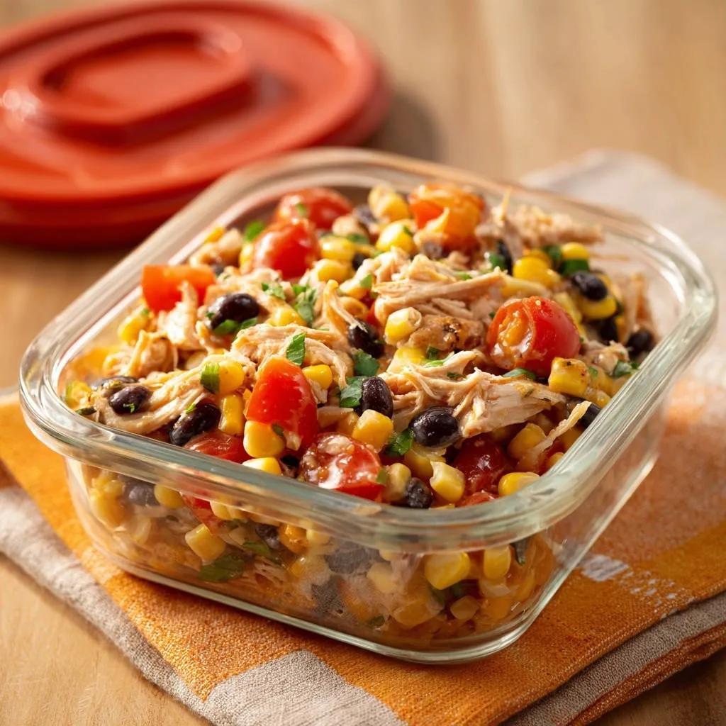 Zesty chicken & bean meal prep bowls shown close-up in a clear glass container with cherry tomatoes, corn, and black beans.