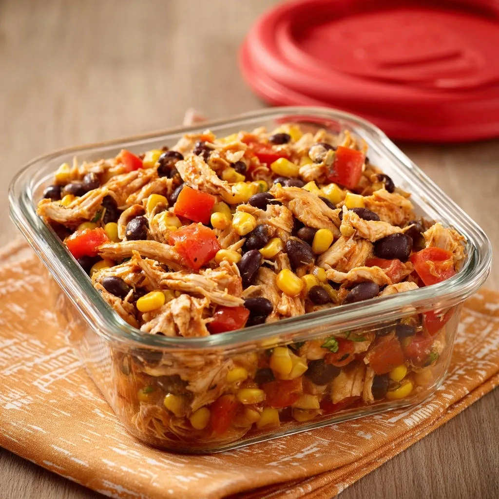 Zesty Chicken & Bean Meal Prep Bowls are shown in a clear glass container with a red lid in the background.