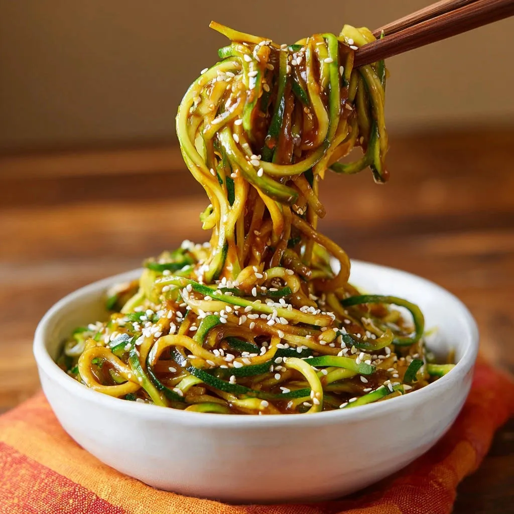 Zucchini noodle stir-fry being lifted with chopsticks from a white bowl, garnished with sesame seeds.