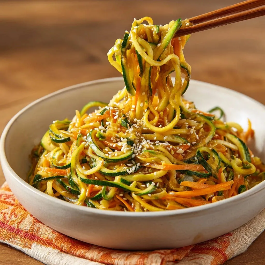 Zucchini noodle stir-fry with carrots and sesame seeds being lifted from a bowl with chopsticks.