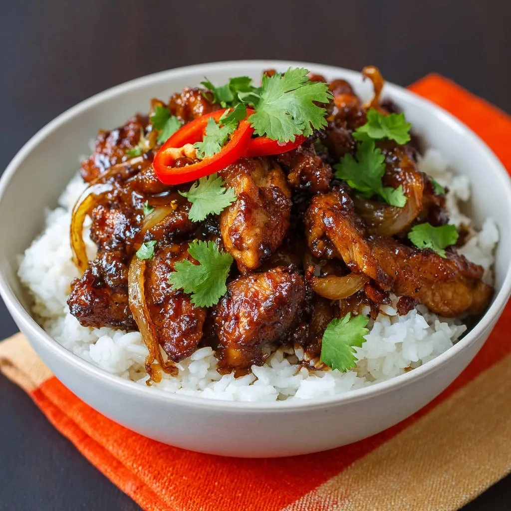 20-minute sticky glazed chicken bowl with close-up view of fresh cilantro and chili garnish