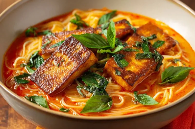 Spicy Red Curry Noodle Bowl with Crispy Tofu
