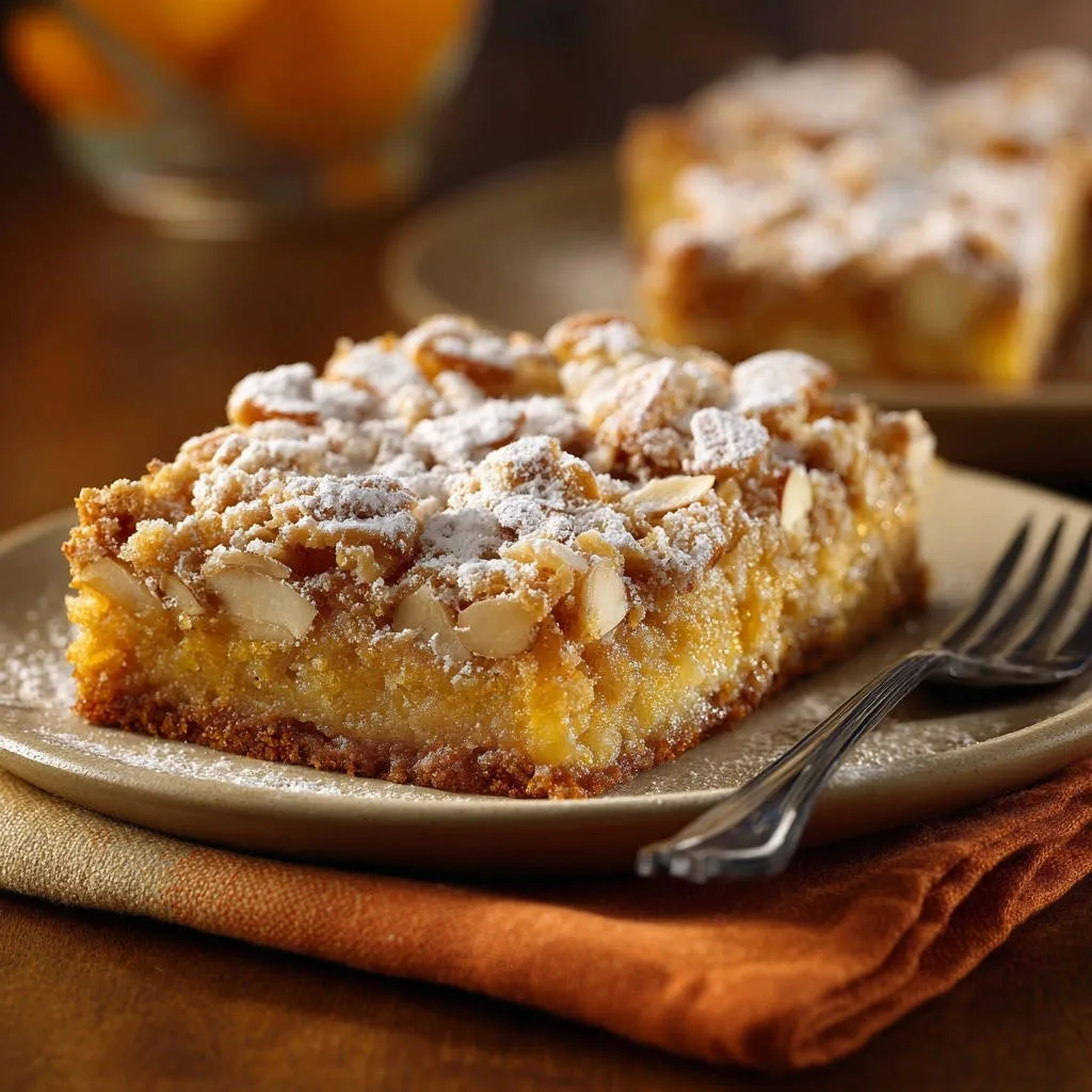 Almond Streusel Fruit Squares, a plated slice with a fork and streusel topping dusted with powdered sugar.
