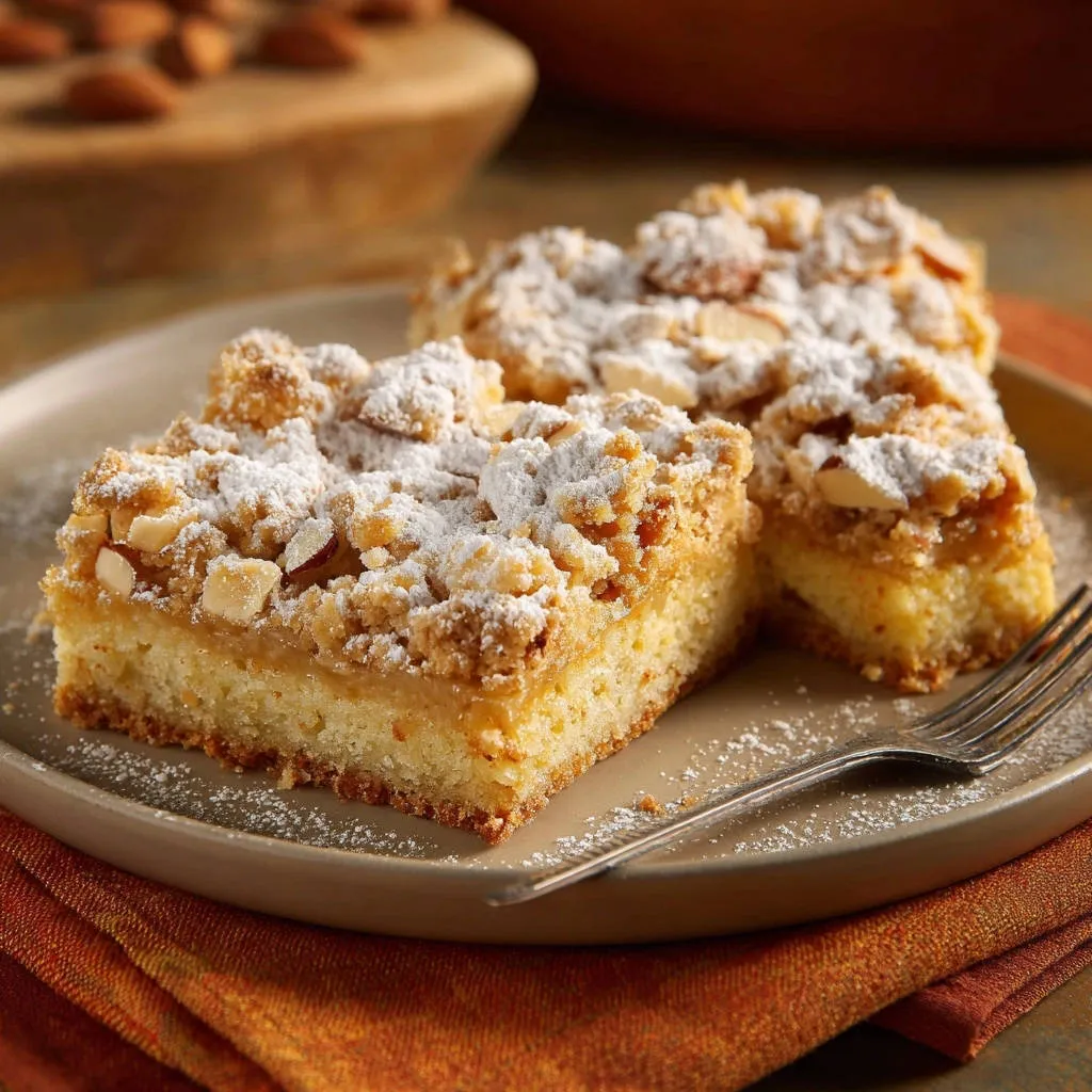 Almond Streusel Fruit Squares presented as plated slices with a fork, showcasing the crumb topping and powdered sugar.