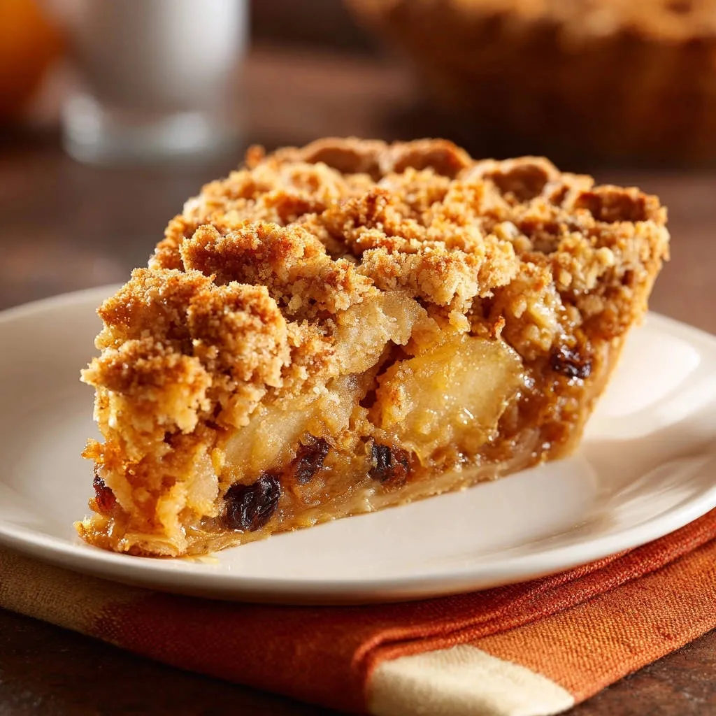 Grandma's Apple Crumble Pie, a close-up cross-section slice showing the baked apple filling and crumb topping.