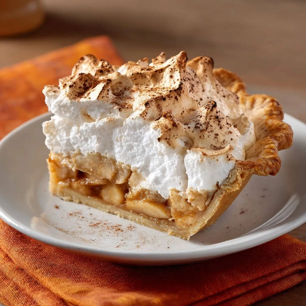 Classic apple meringue pie, a slice showcasing the fluffy toasted topping and tender apple filling.