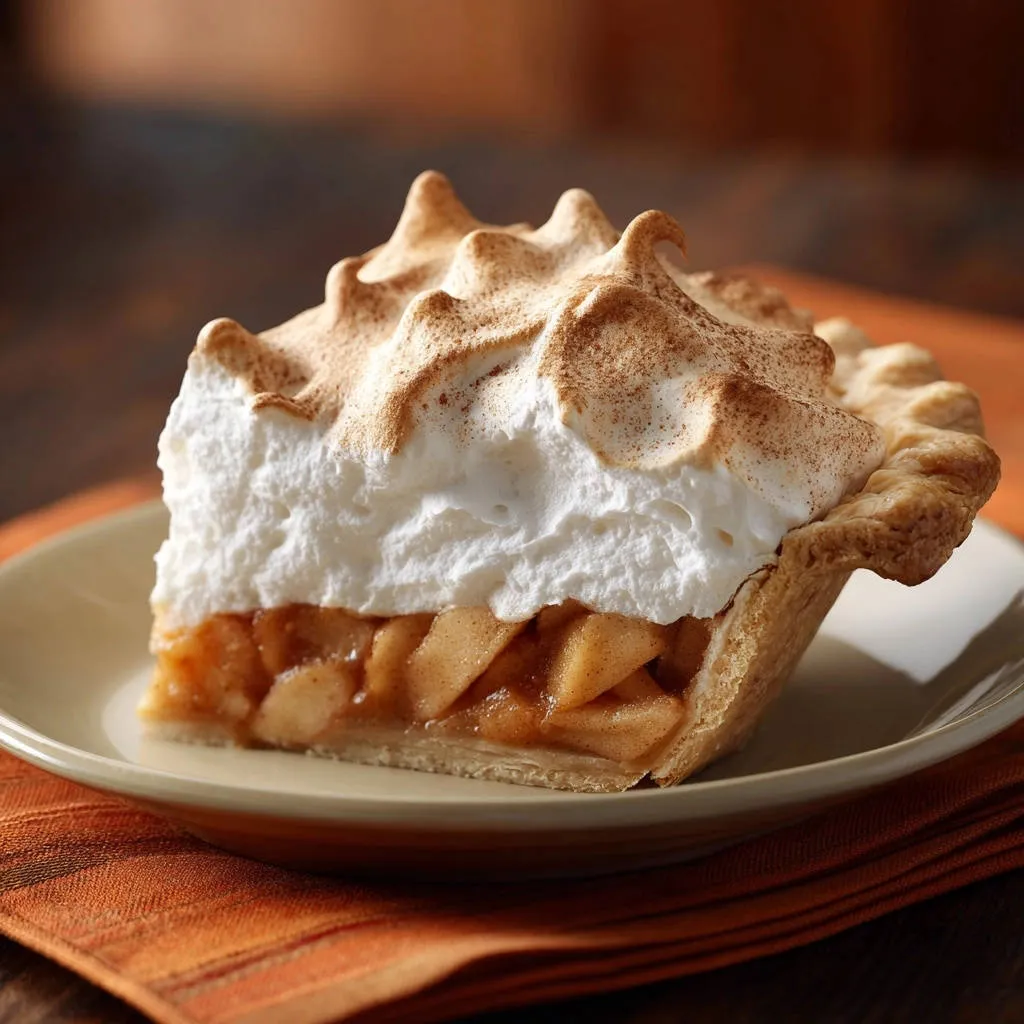 Classic apple meringue pie slice showing flaky crust and fluffy toasted topping.