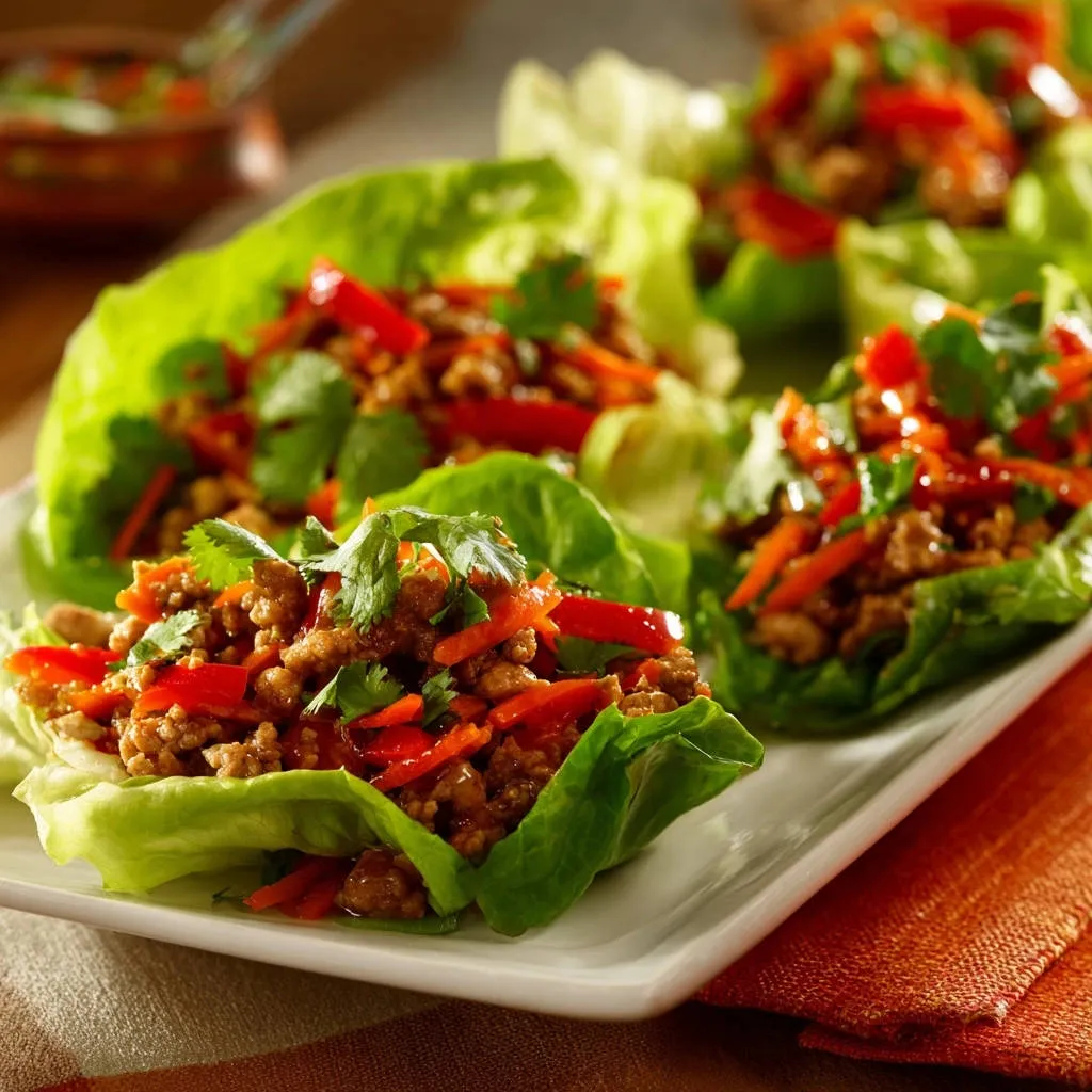 Asian-inspired chicken lettuce wraps plated close-up, showcasing the flavorful filling and fresh cilantro garnish.
