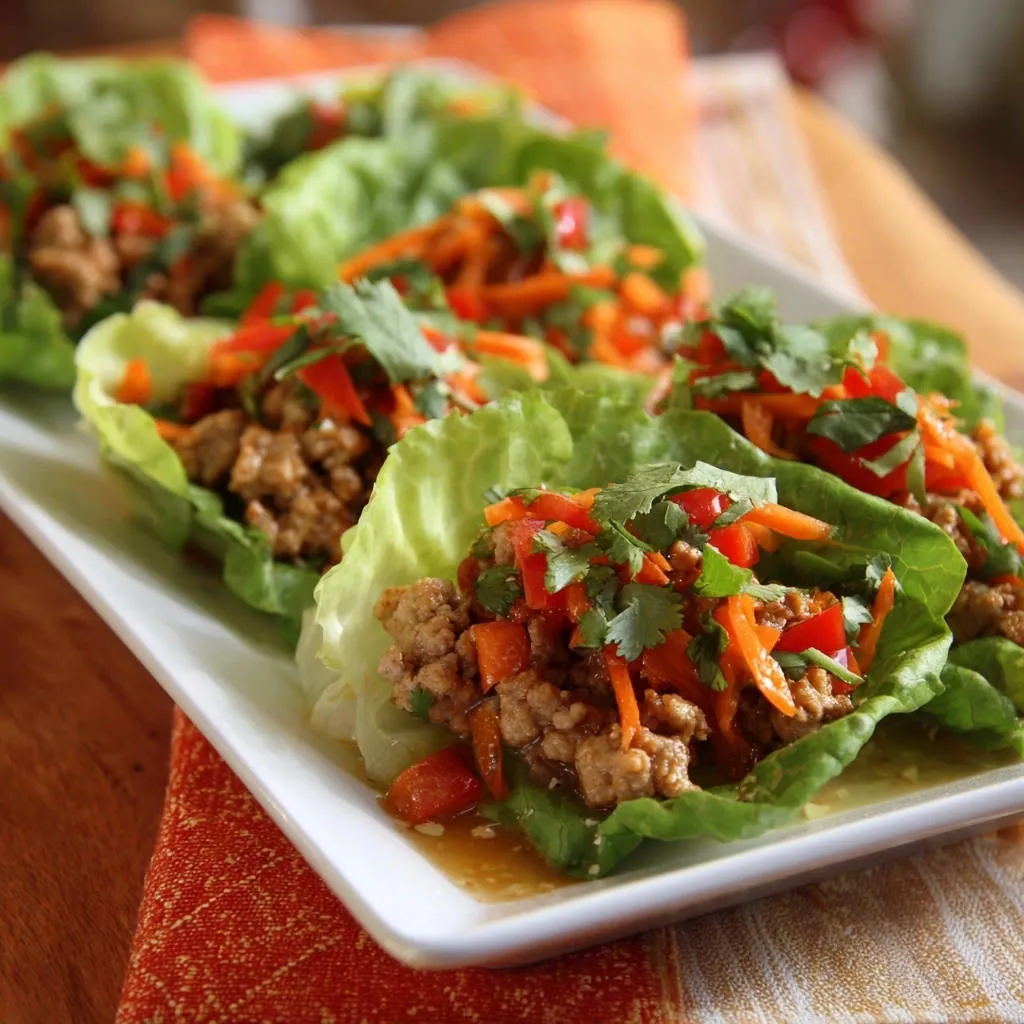 Asian-inspired chicken lettuce wraps are plated on a white dish, showcasing the savory filling and fresh toppings.