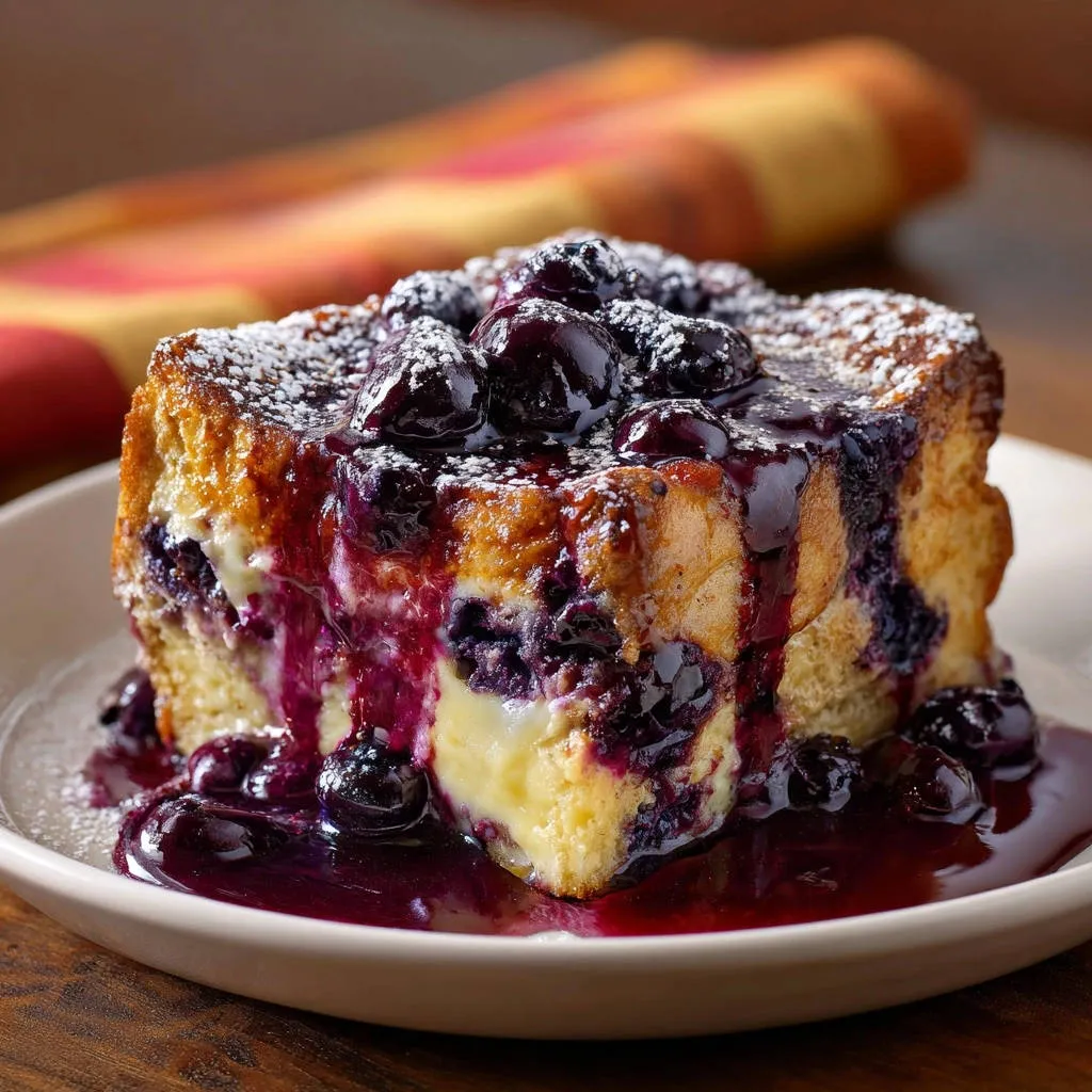 Baked blueberry cream cheese French toast shown in a close-up cross-section revealing its fluffy interior and blueberry topping.