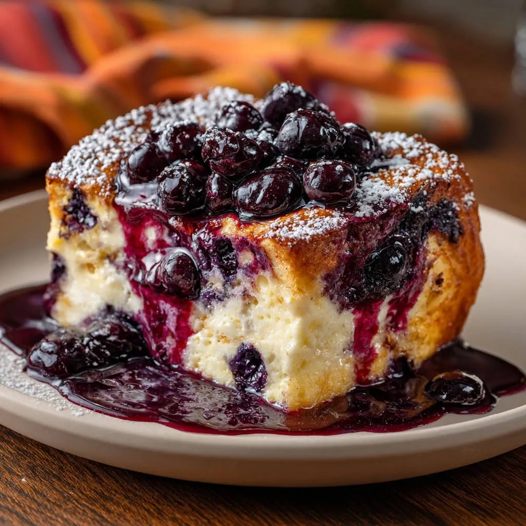Baked blueberry cream cheese French toast served as a plated slice with blueberry sauce and powdered sugar.