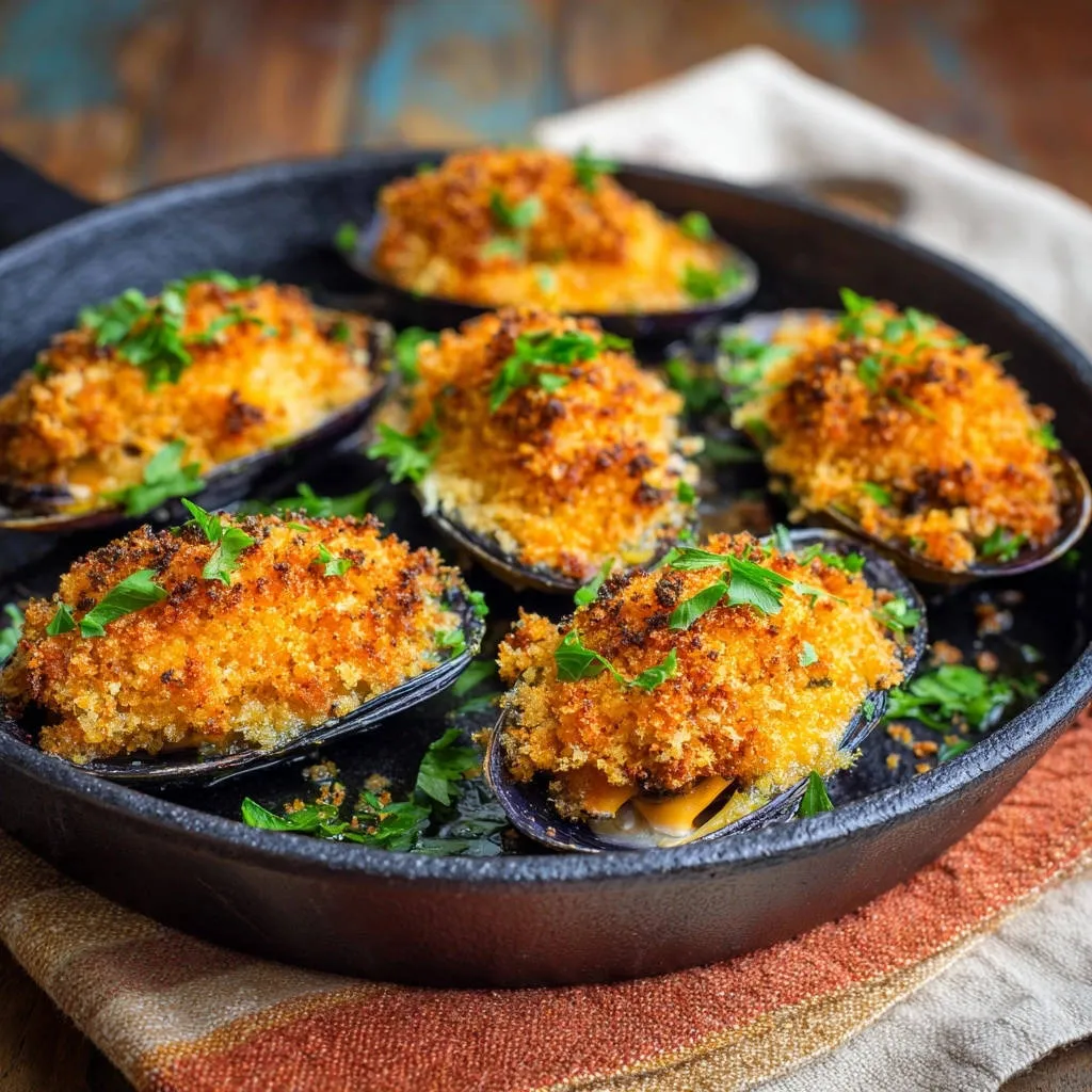 Crunchy baked mussels with garlic butter served in a cast-iron pan, garnished with fresh parsley.