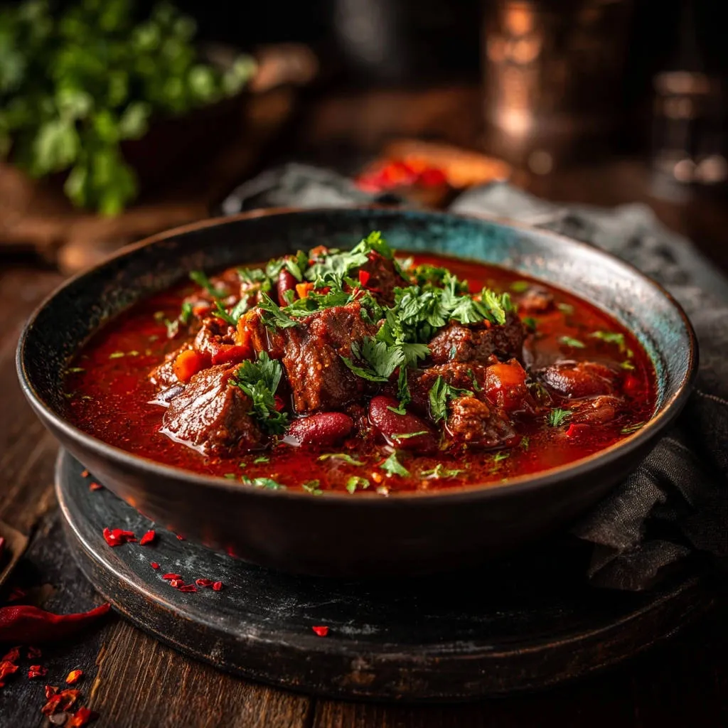 Hearty beef & bean chili close-up, generously garnished with fresh cilantro and red pepper flakes.