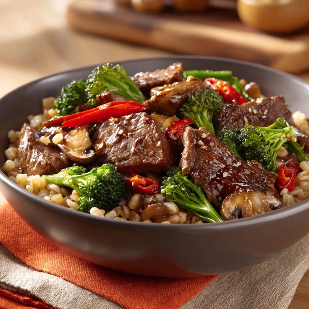 Beef and Broccoli Stir-Fry served in a bowl with tender beef, vibrant broccoli, and grains, showcasing a glossy sauce.
