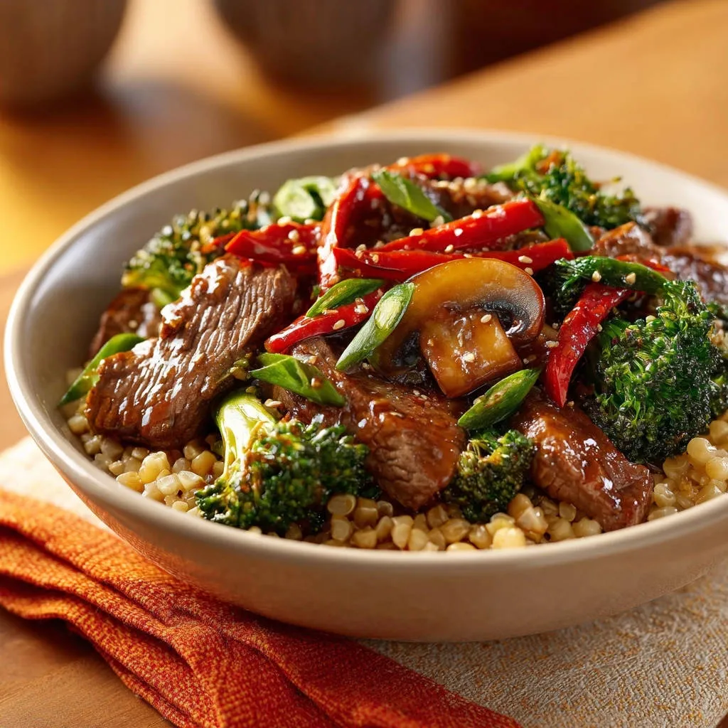 Beef and broccoli stir-fry with tender beef and red peppers, served in a close-up bowl over grains.