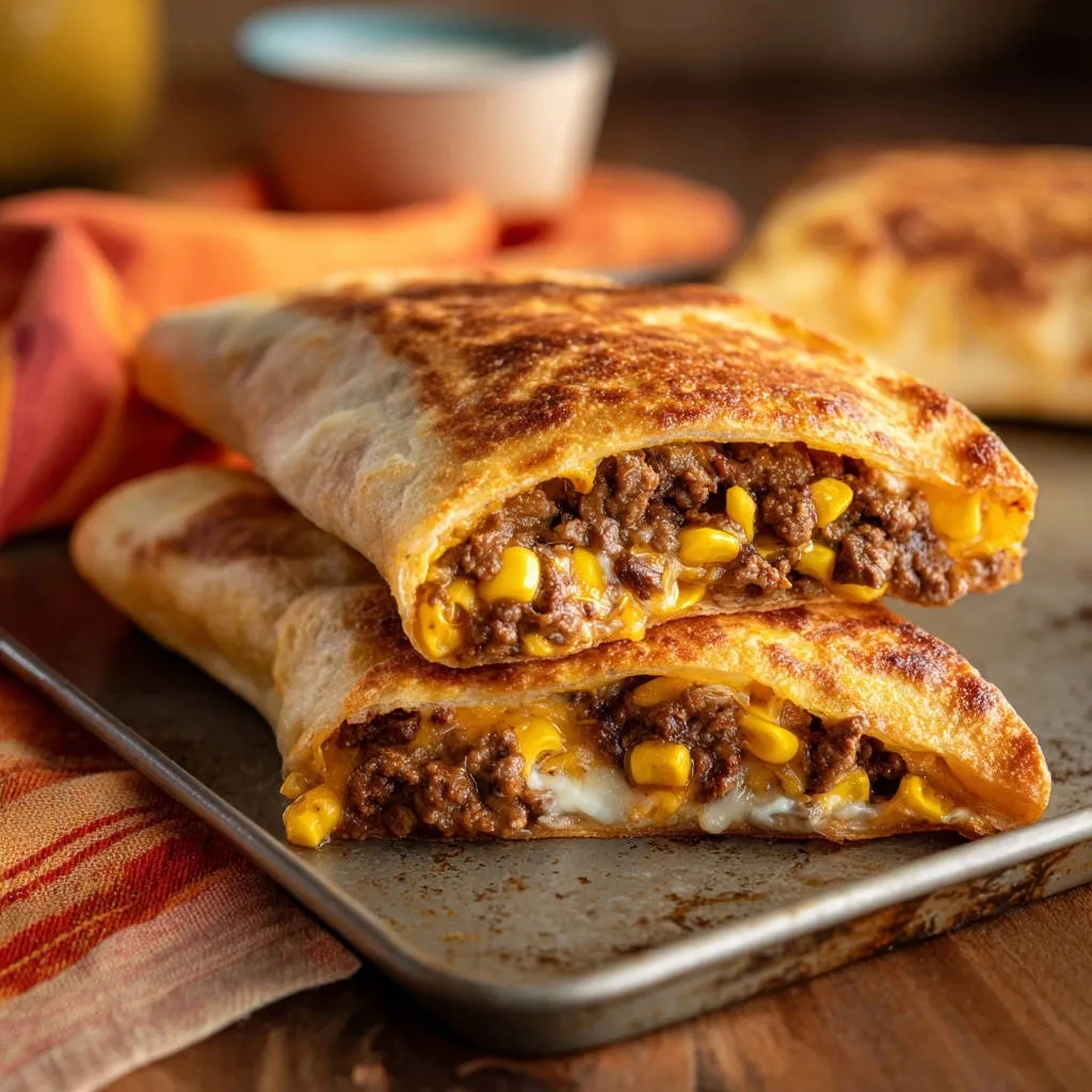 Hearty beef & cheese wraps shown in a close-up cross-section revealing the ground beef, corn, and melted cheese filling.