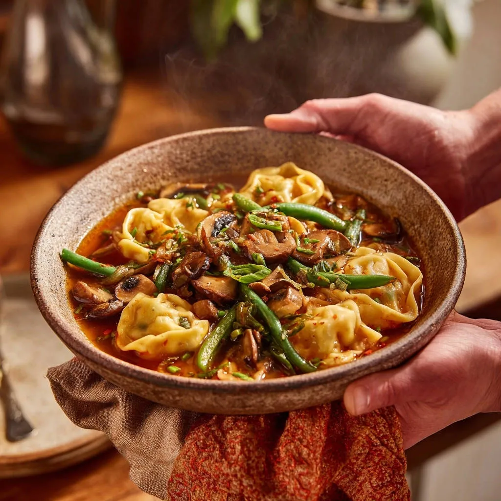 Savory beef and dumpling bowl with mushrooms and green beans, shown in a close-up with steam rising.