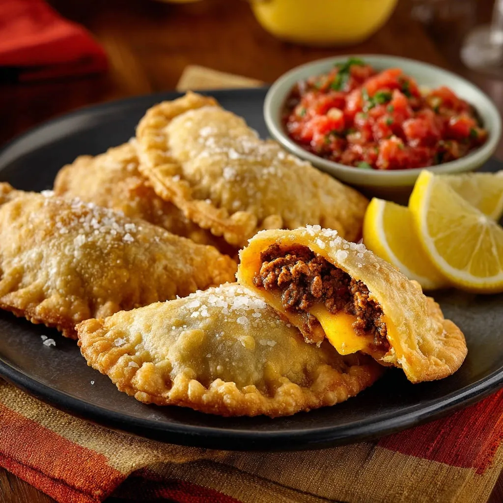Crispy beef empanadas with a cross-section showing the savory meat and melted cheese filling.
