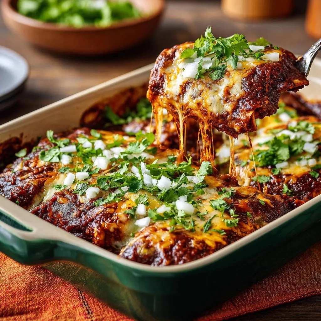 Perfect beef enchiladas with a cheesy, gooey pull as one serving is lifted from the baking dish.