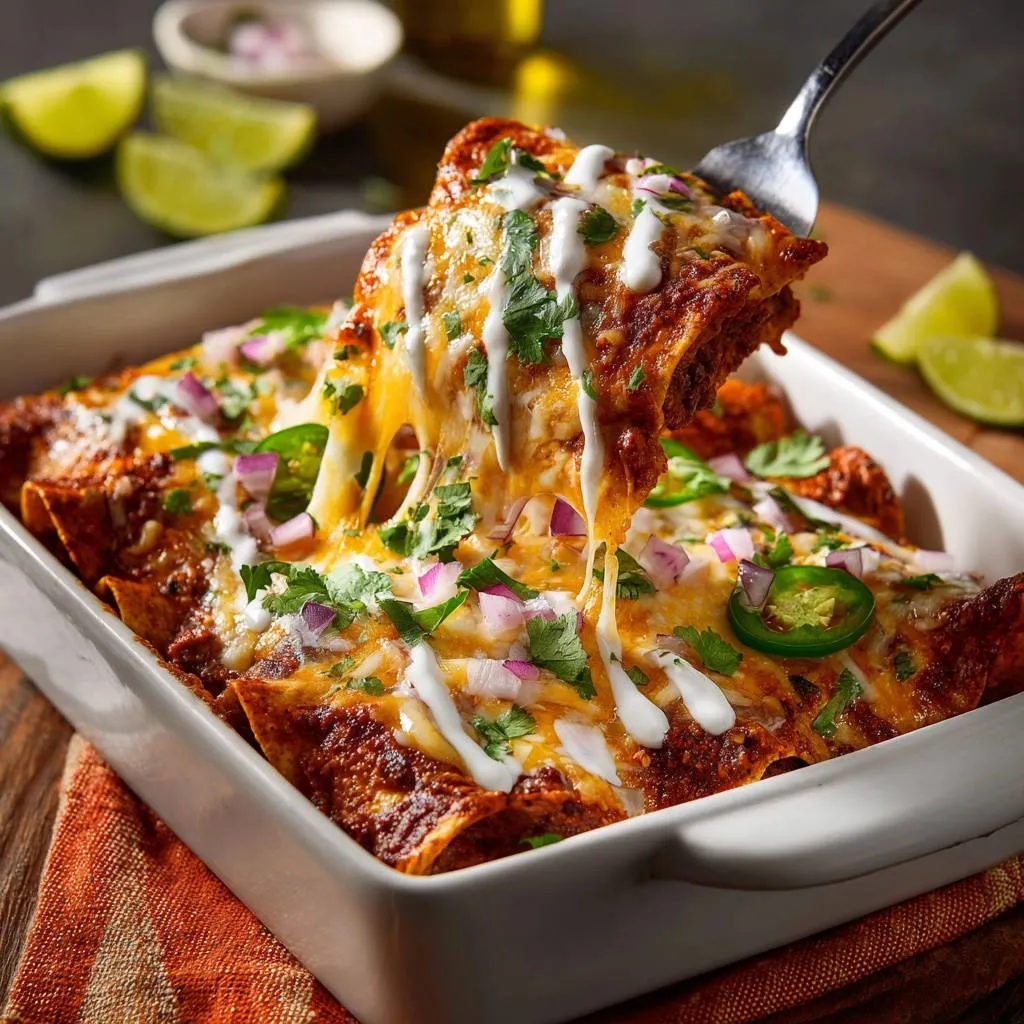 Savory beef enchiladas with a cheesy pull from a fork, garnished with cilantro and onions.