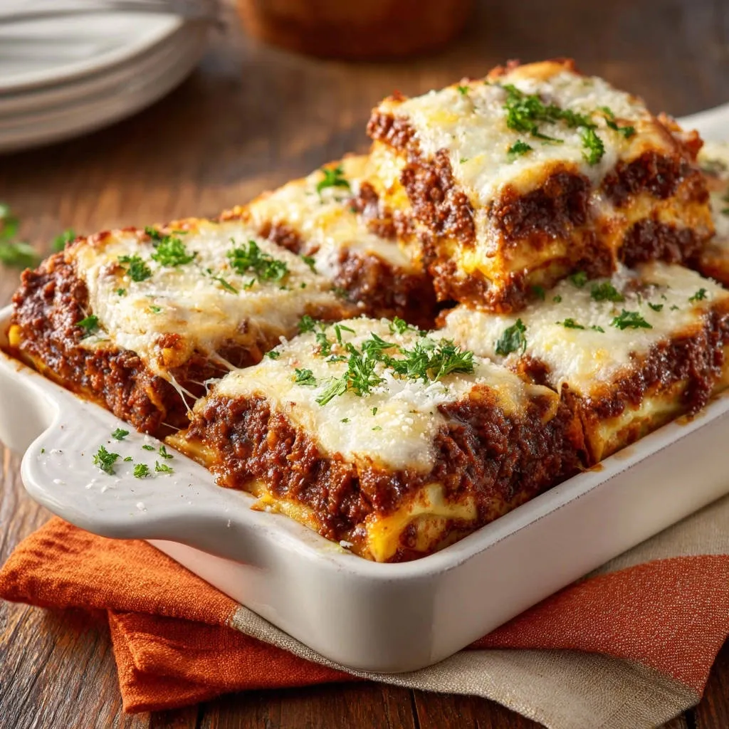 Rich layered beef lasagna shown in a close-up cross-section, highlighting the hearty meat sauce and melted cheese.