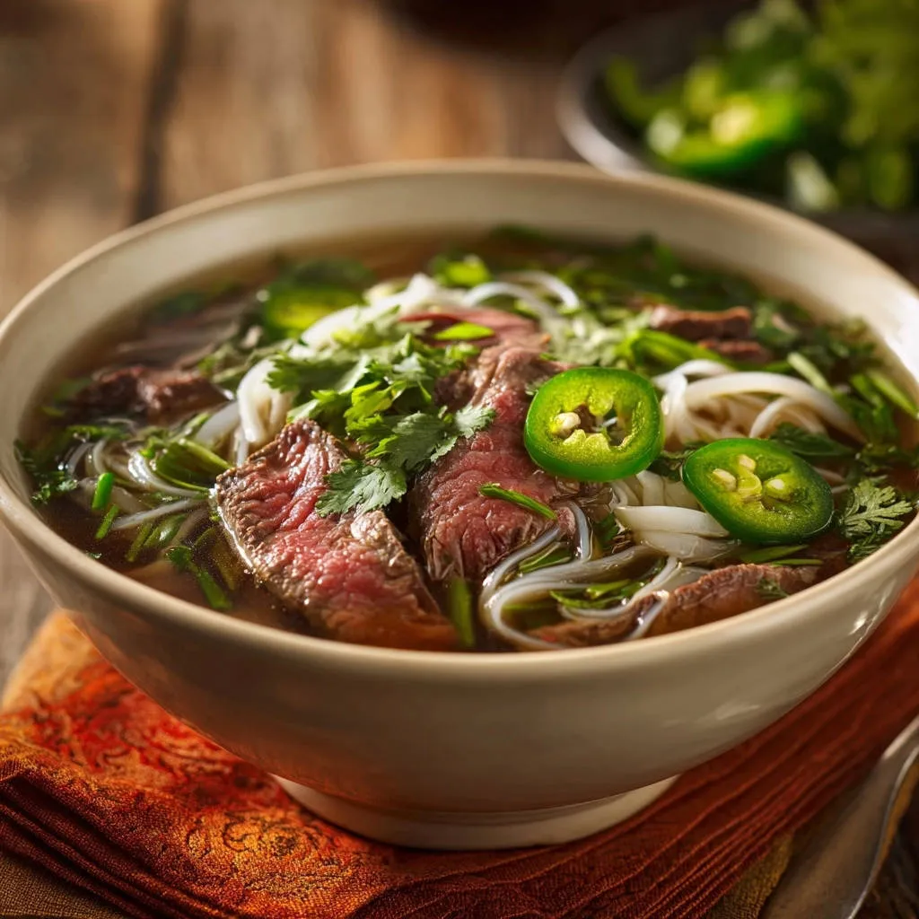 Quick homemade beef noodle soup with tender beef slices and fresh jalapeno garnish in a bowl.